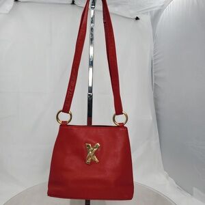 Vintage 90s Paloma Picasso Red Leather X Logo Gold Ring Small Shoulder Bag Italy